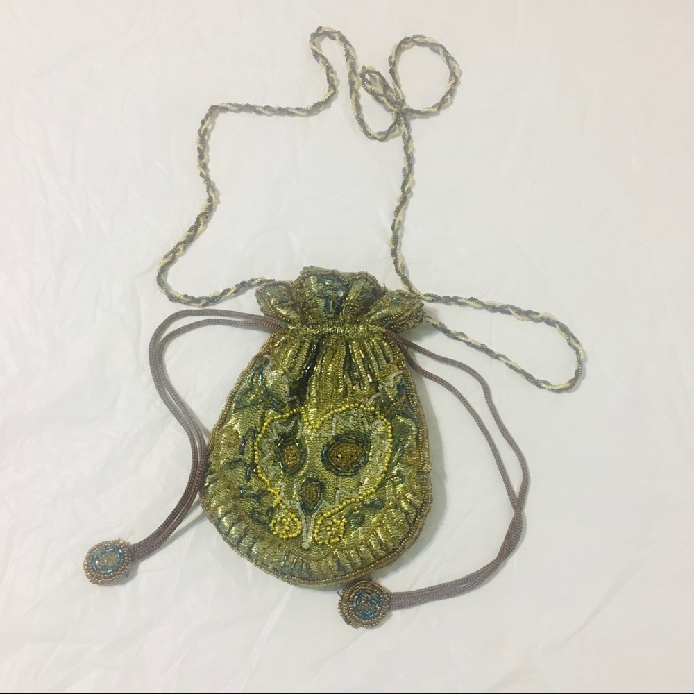 Gold Beaded 1920s Flapper Drawstring Shoulder Bag - image 1